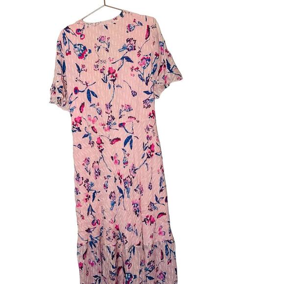 TANYA TAYLOR Pink Floral Silk Wrap Short Sleeve Ruffle V-Neck Midi Dress Size 20 - Picture 3 of 14